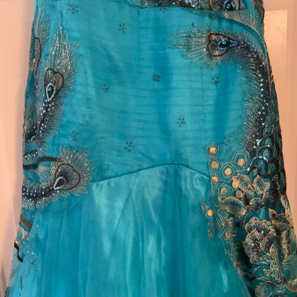 Turquoise and brown peacock prom dress . - Picture 7 of 15